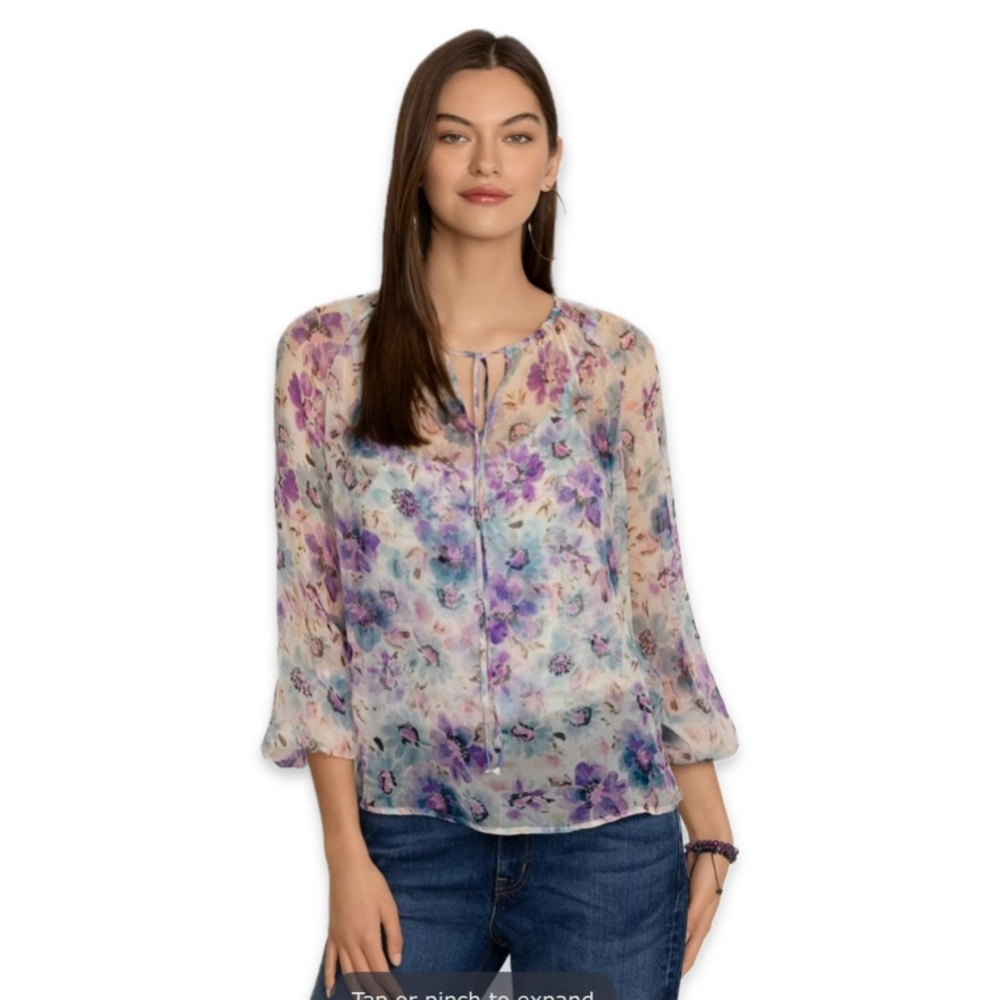 Johnny Was‎ Glinda silk peasant blouse XL floral white purple light sheer NWT - Picture 2 of 12